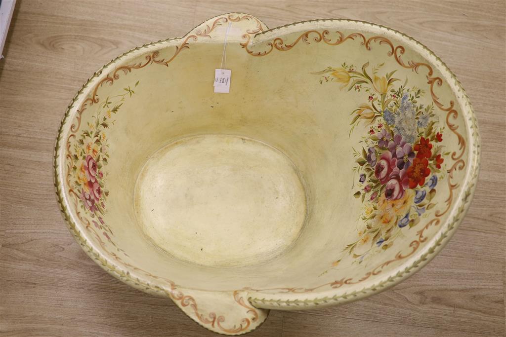A Victorian painted toleware hip bath, length 84cm